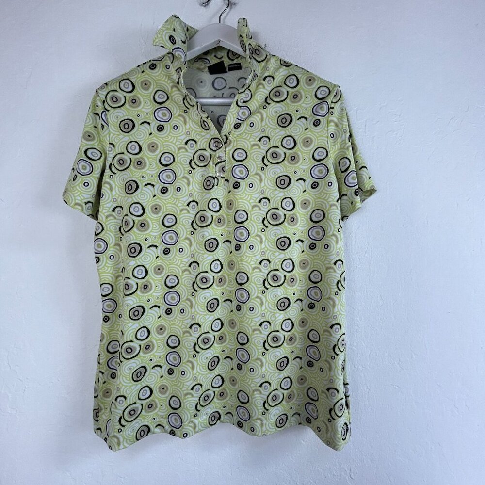 N'Vo Womens Athletic Golf Top XL Green Activewear Stretch Short Sleeve Geo Print
